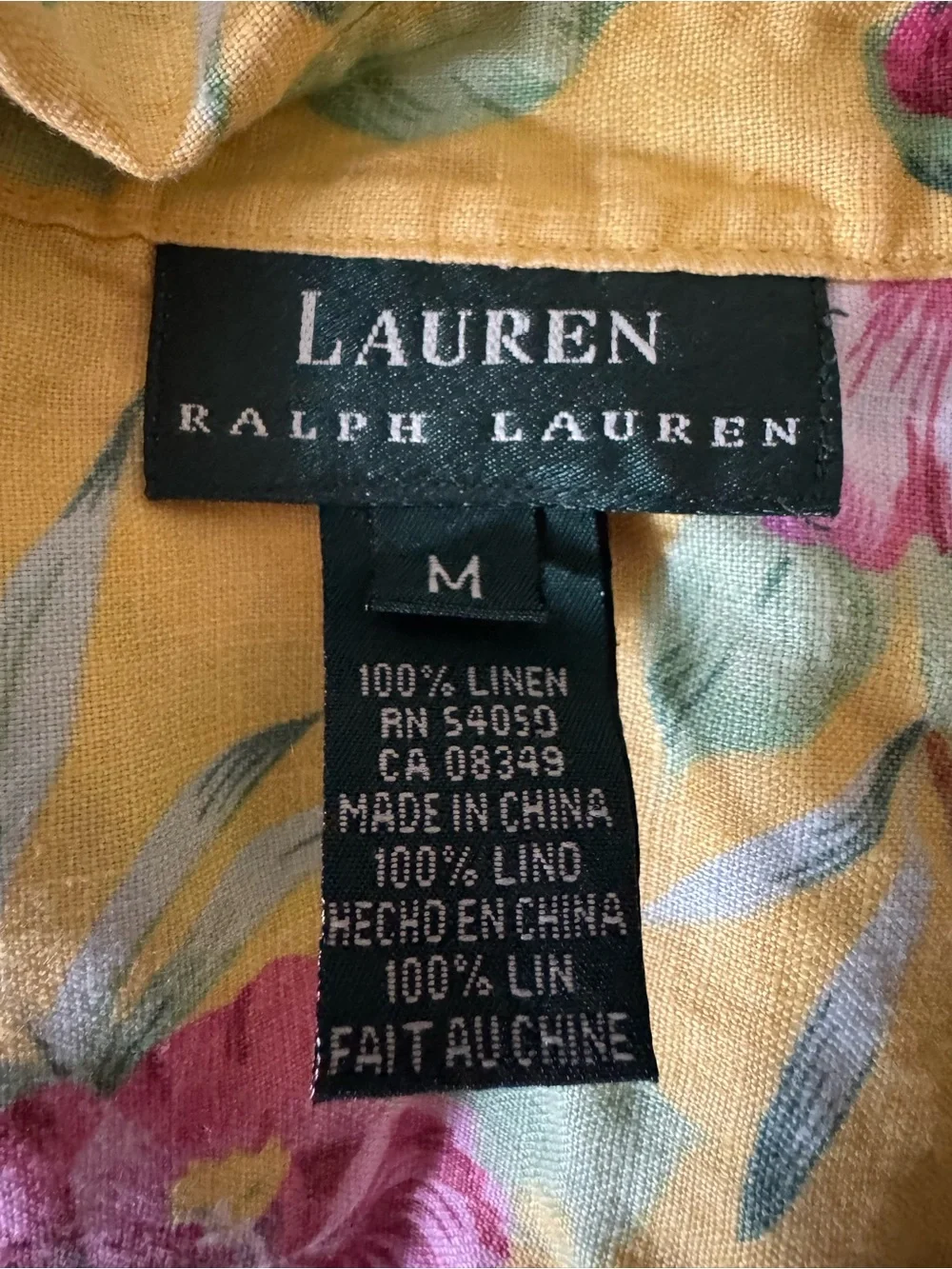 Lauren Ralph Lauren 100% Linen Yellow Hibiscus Floral Sleeveless Button Shirt M